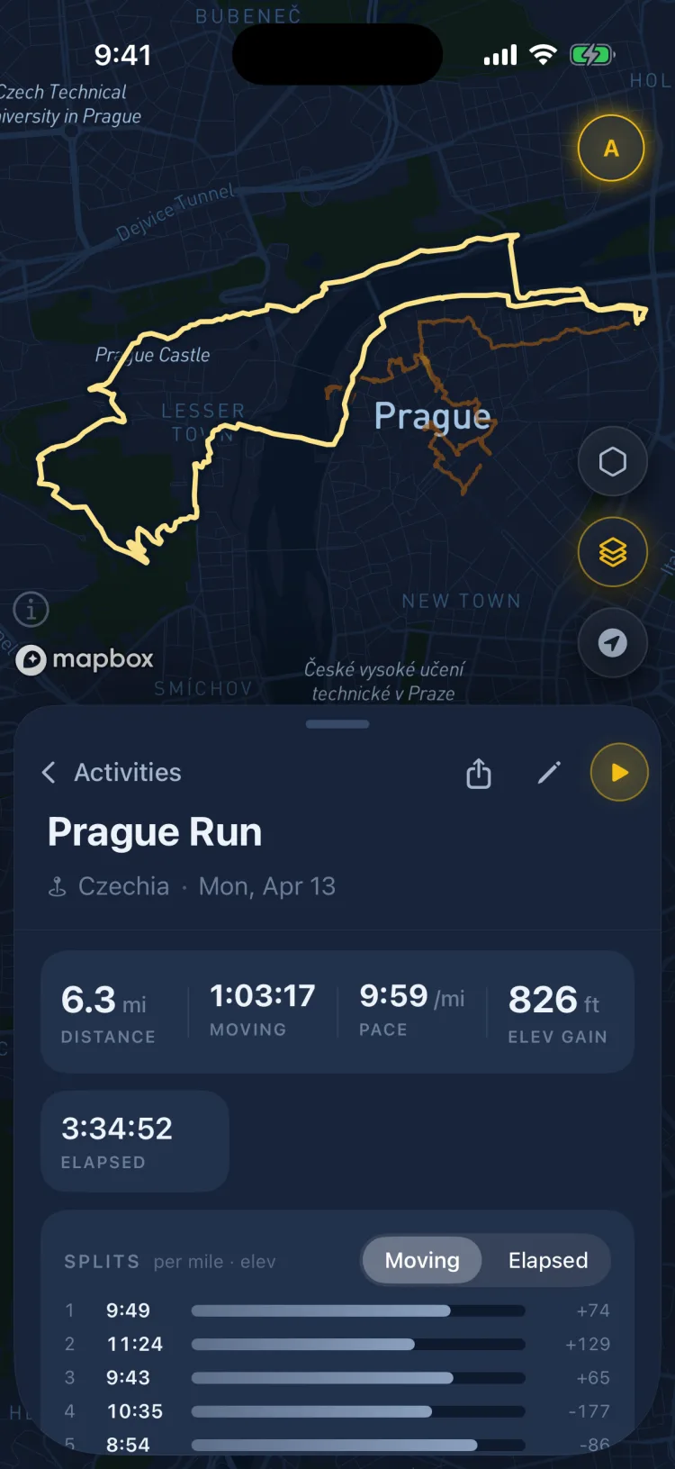 A single selected activity in Soltra, showing its route on the map with distance, pace, elevation, and per-mile splits
