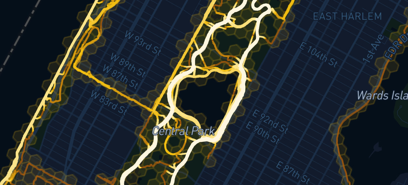 A Soltra map of Central Park, filled with gold routes and hex tiles