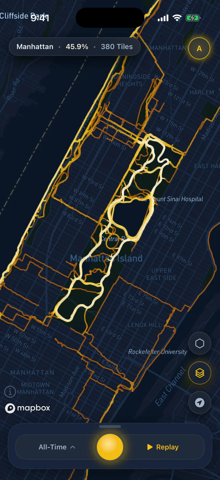 Soltra’s dark map of Central Park, the park’s loops and paths glowing gold from years of runs