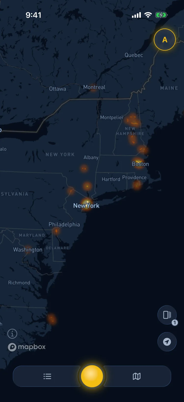 Soltra’s map of the Northeast from Washington to Maine, years of activity heat clustered along the coast and glowing brightest around New York