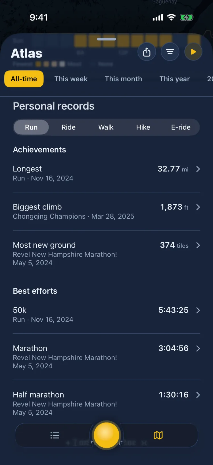 Personal records in Soltra’s Atlas for runs: the longest run (32.77 miles), the biggest climb (1,873 feet), and the most new ground (374 tiles), then best efforts for the 50K, marathon, and half marathon