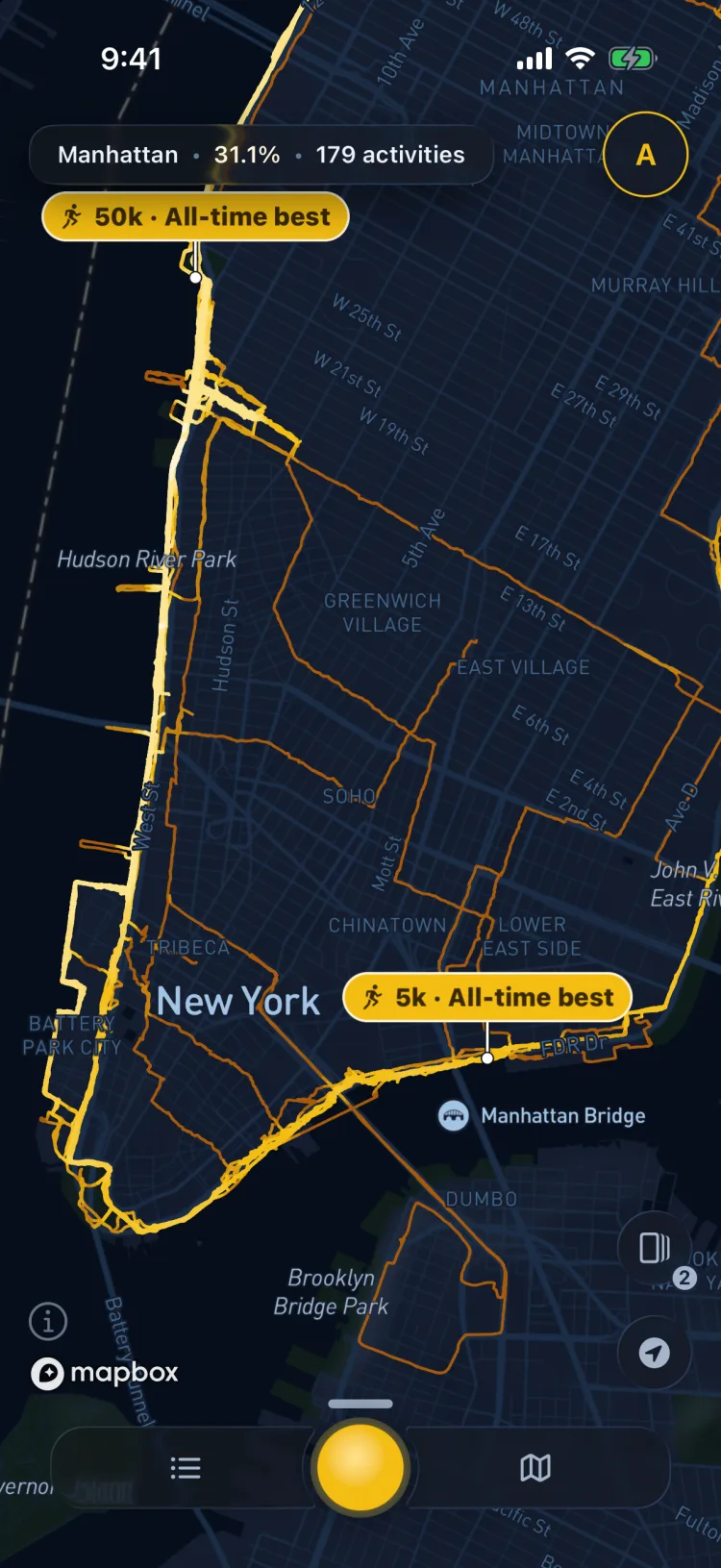 Map of lower Manhattan with record badges for the fastest 50K on the Hudson River route and the fastest 5K by the East River, beside badges for new parks