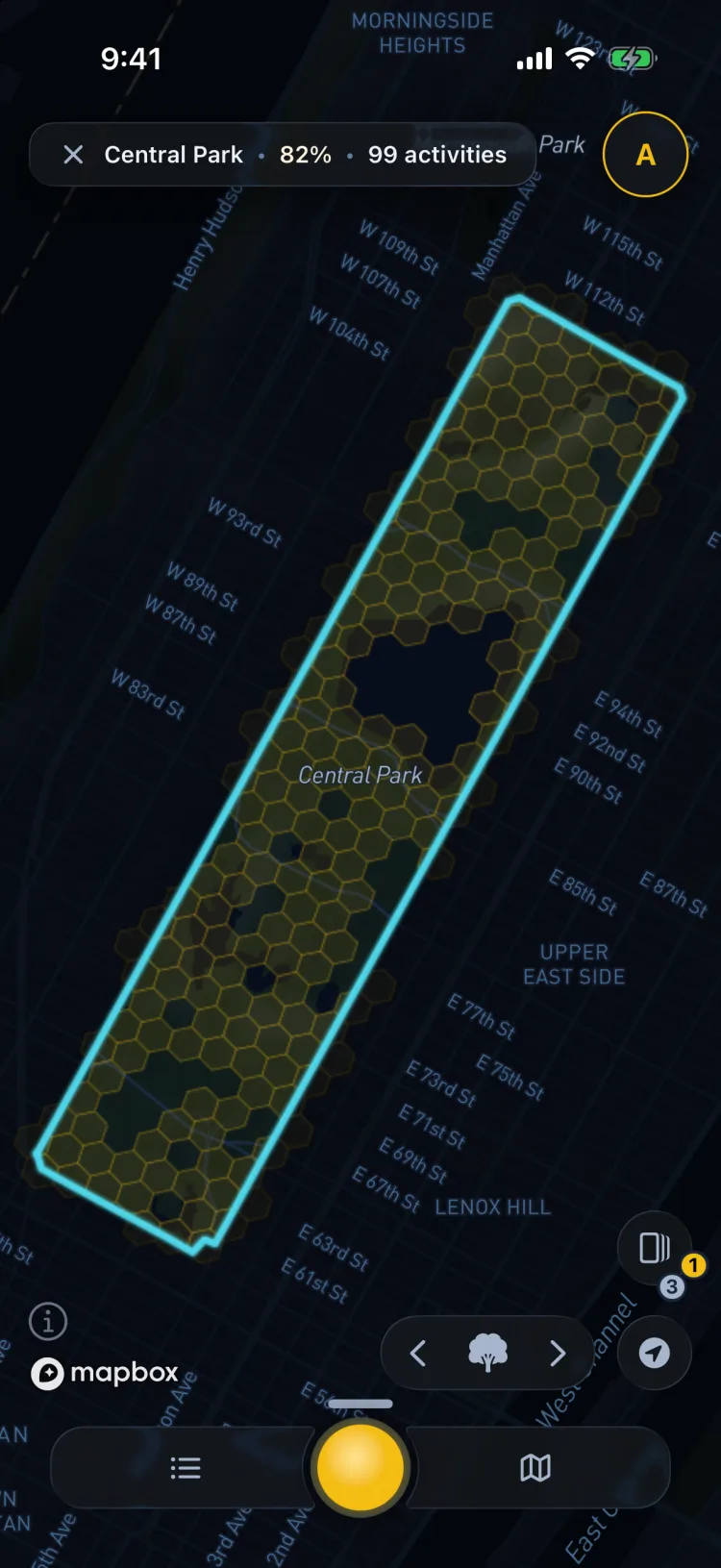 Central Park selected on Soltra’s map at 82% explored, the park outlined and filled with gold territory tiles