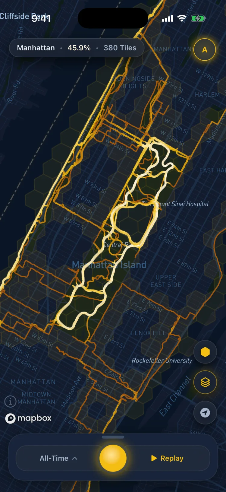 Soltra's map of Central Park in the Dark World theme, hexagonal territory tiles lit up gold along every route