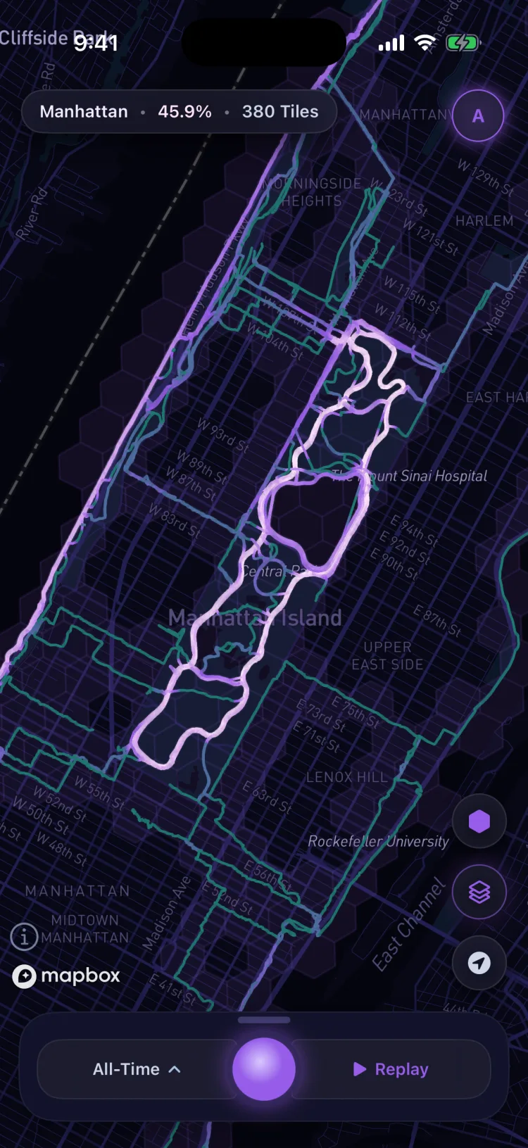 Soltra's map of Central Park in the Aurora theme, violet and green routes on a deep purple map